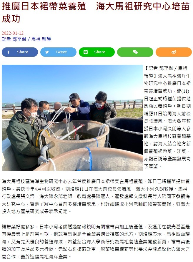 推廣日本裙帶菜馬祖養殖 海大馬祖研究中心培苗成功