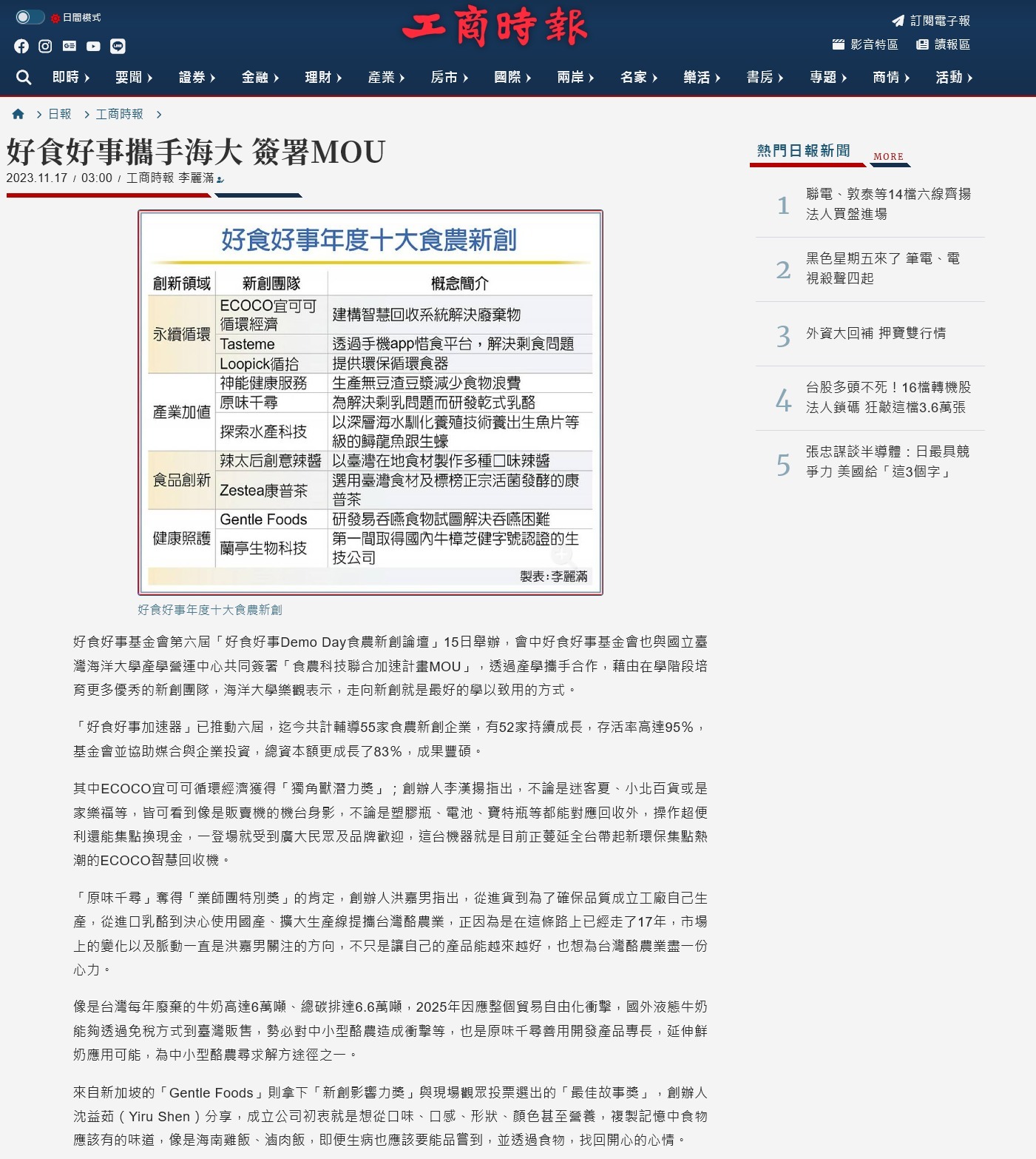 好食好事攜手海大 簽署MOU