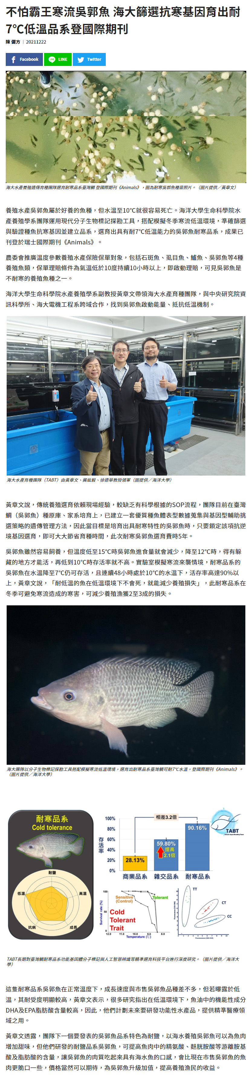 不怕霸王寒流吳郭魚 海大篩選抗寒基因育出耐7℃低溫品系登國際期刊