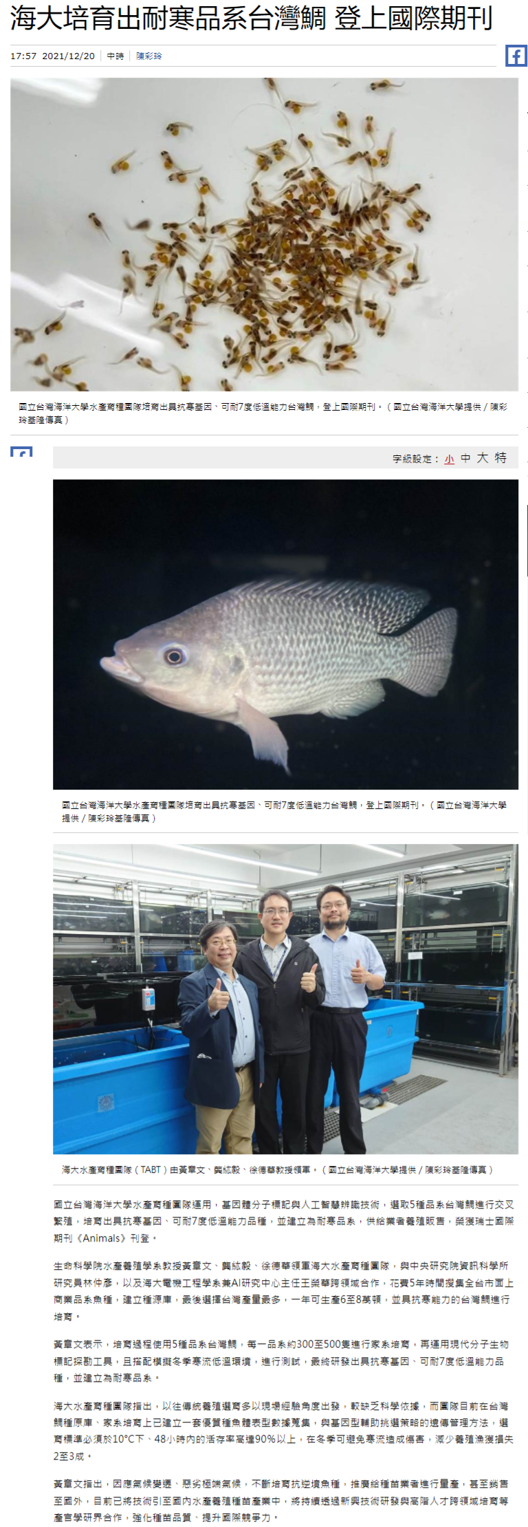 海大培育出耐寒品系台灣鯛 登上國際期刊