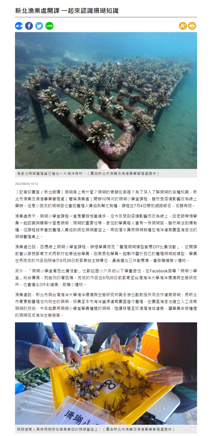  新北漁業處開課 一起來認識珊瑚知識 - 生活 - 自由時報