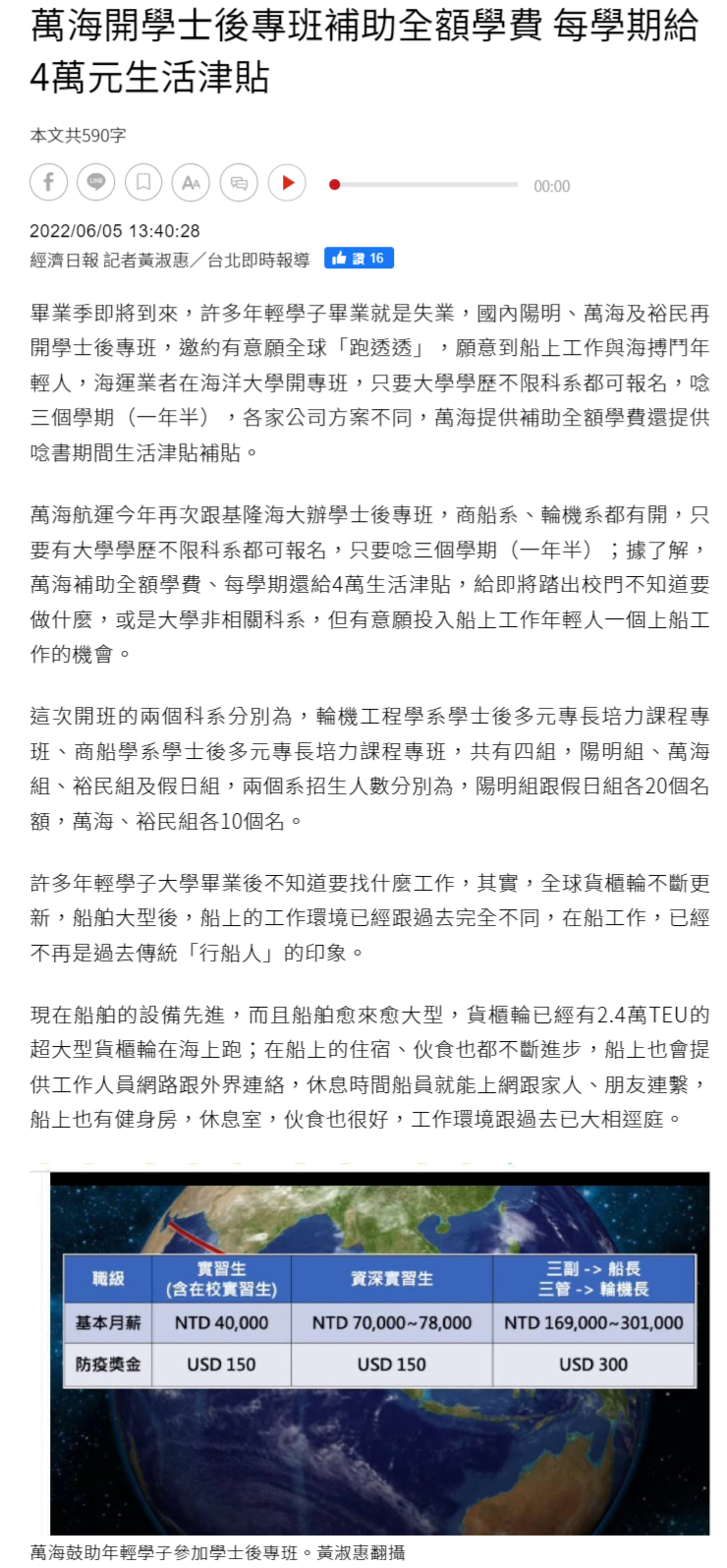 萬海開學士後專班補助全額學費 每學期給4萬元生活津貼 - 產業熱點 - 產業 - 經濟日報