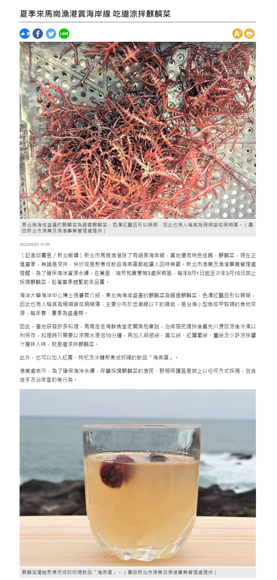 夏季來馬崗漁港賞海岸線 吃道涼拌麒麟菜 - 生活 - 自由時報