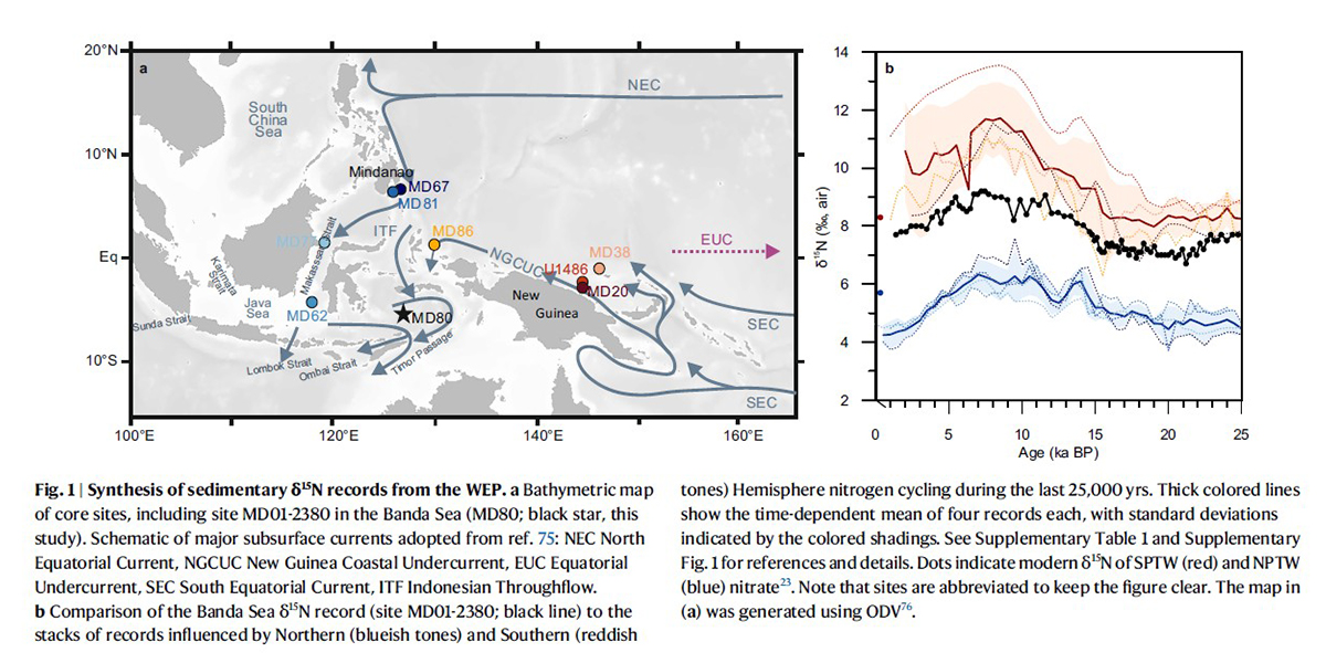 左圖 (a)：標示出本研究的核心位於印尼穿越流（ITF）路徑上的關鍵節點 。右圖 (b)：印尼班達海（黑線）化學訊號介於紅色區域（南半球影響）與藍色區域（北半球影響）之間。