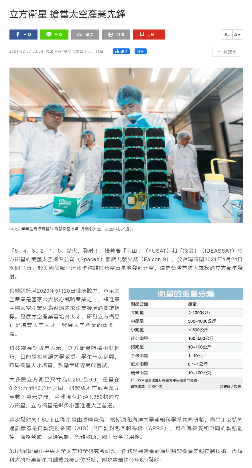 經濟日報-立方衛星彙整報導