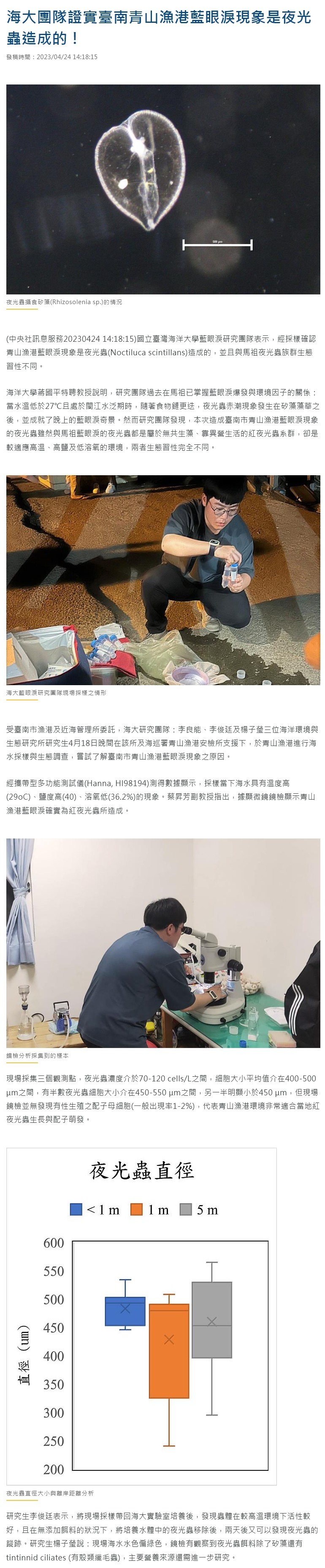 海大團隊證實臺南青山漁港藍眼淚現象是夜光蟲造成的！