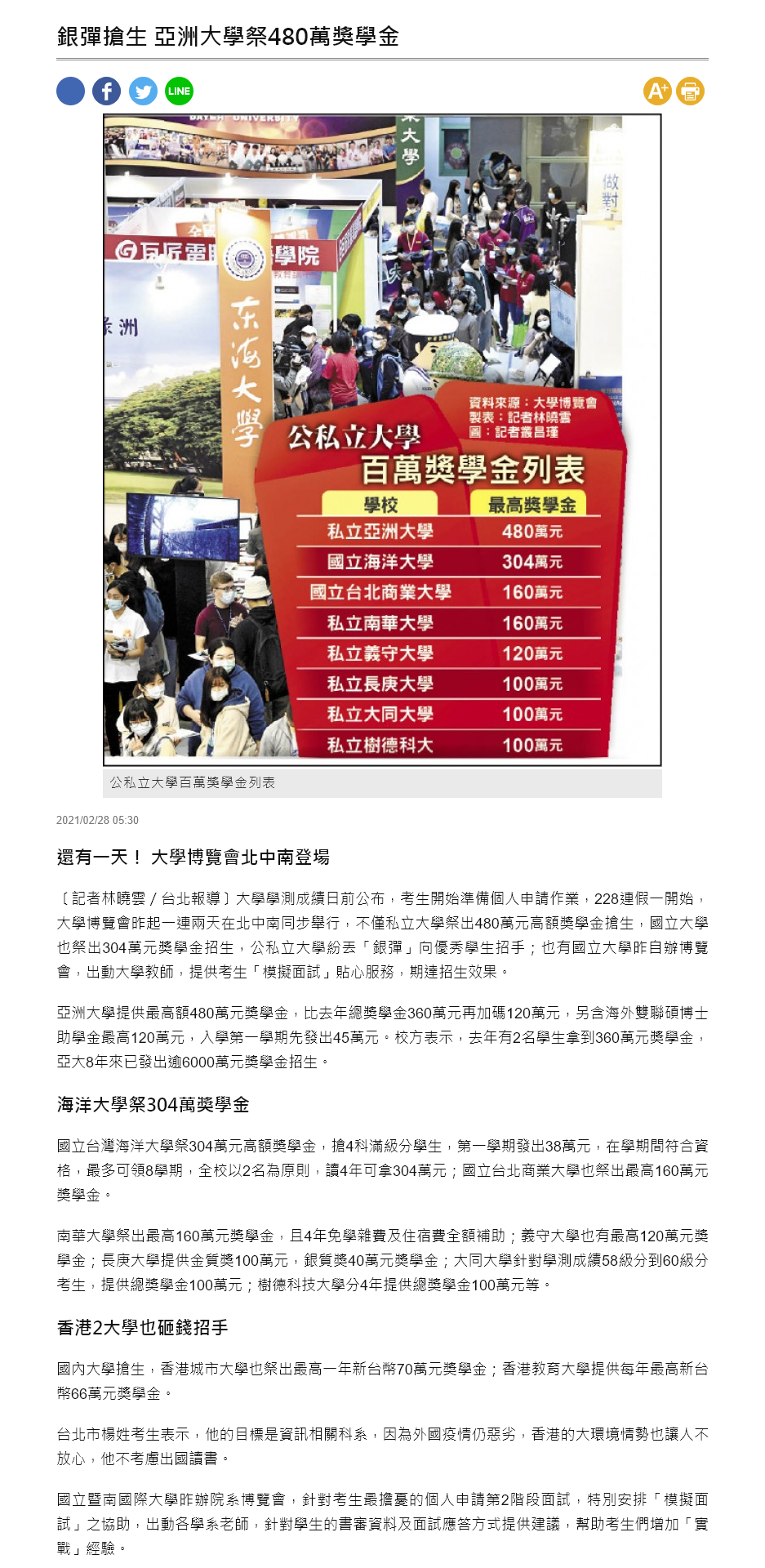 自由時報-大學獎學金