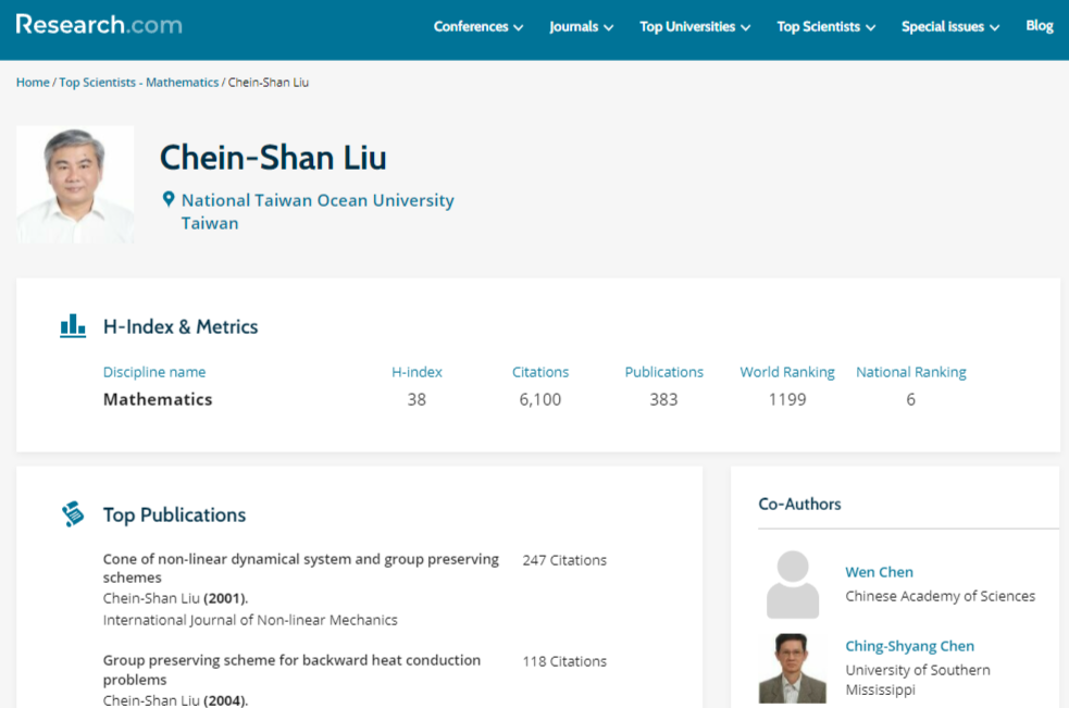 Research.com 2022 世界頂尖數學科學家，劉進賢教授全臺排名第六