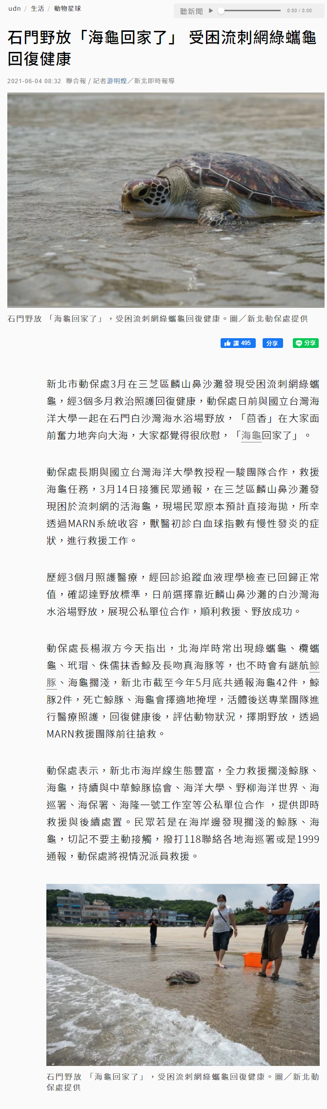 聯合報-程一駿教授海龜救援